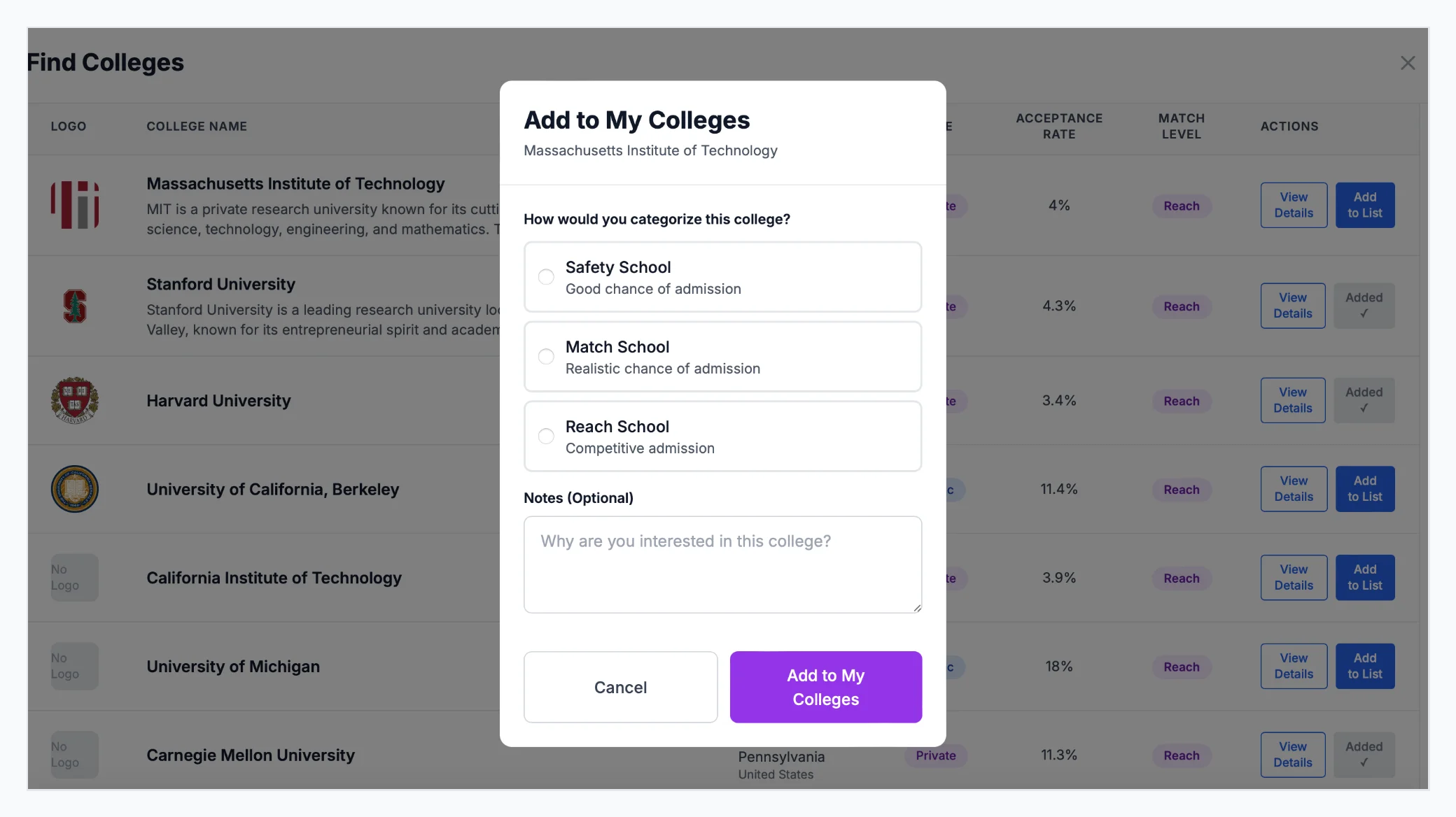 College match predictions showing Target, Reach, and Safety labels
