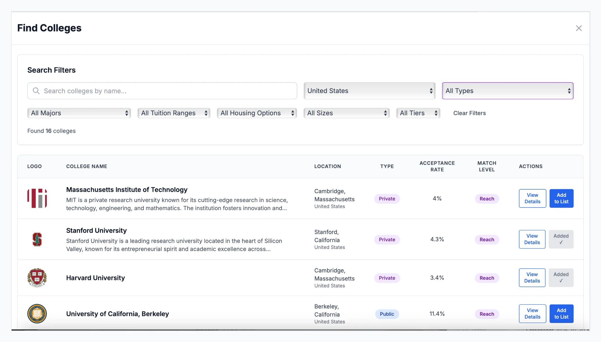 College search interface showing filters and match predictions
