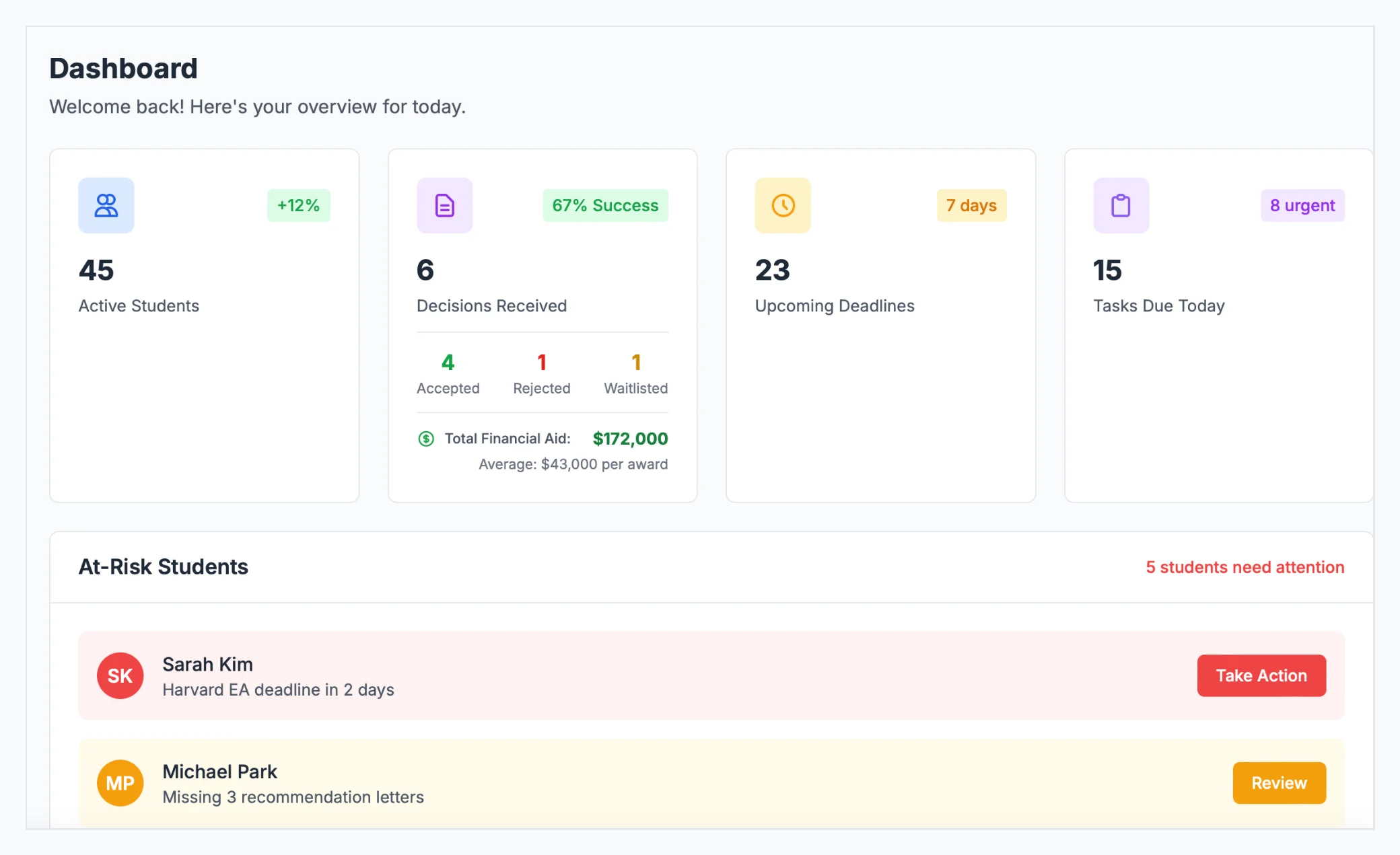 Application tracker showing multiple colleges with status indicators and deadlines