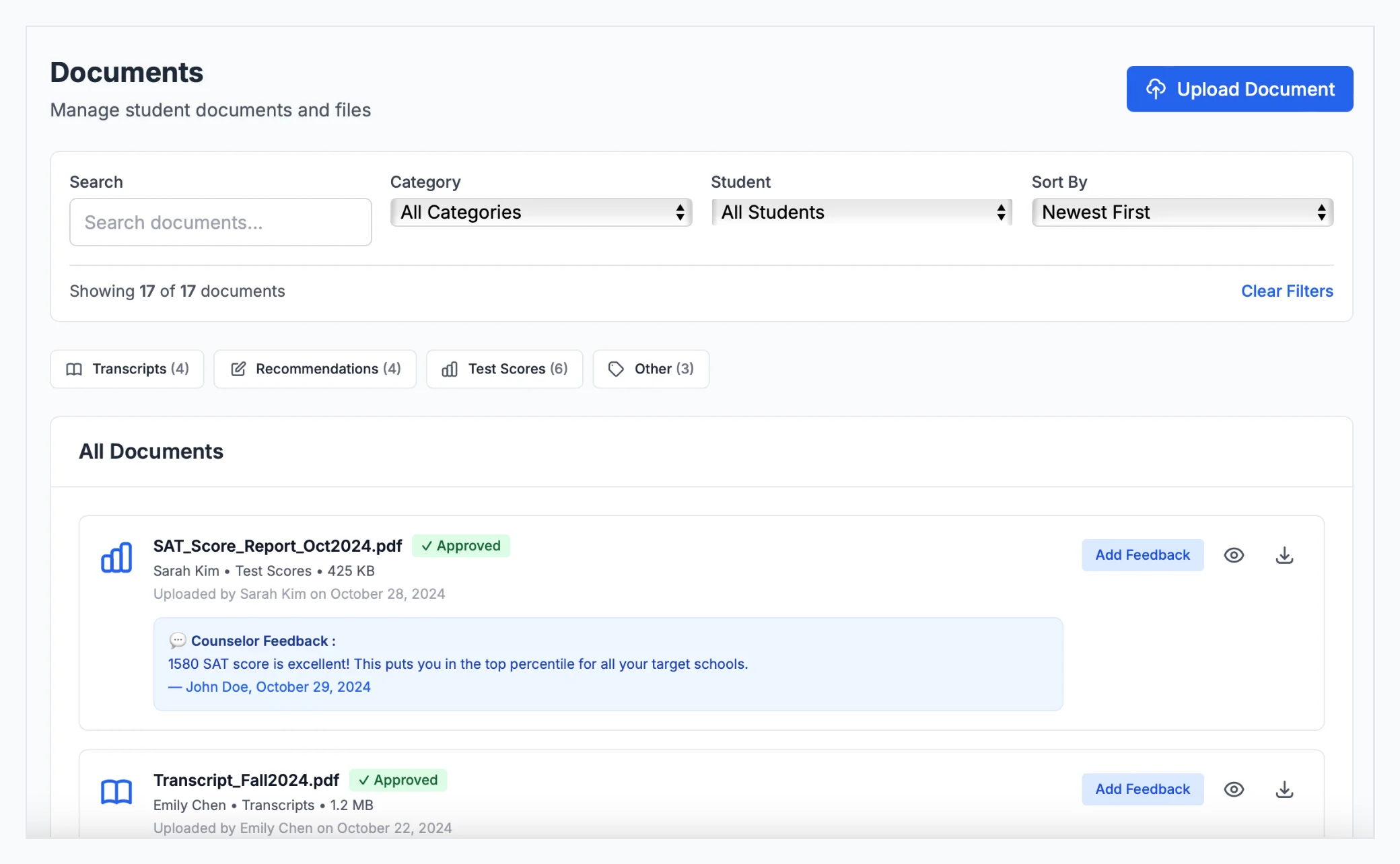 Document Vault showing organized folders with student files