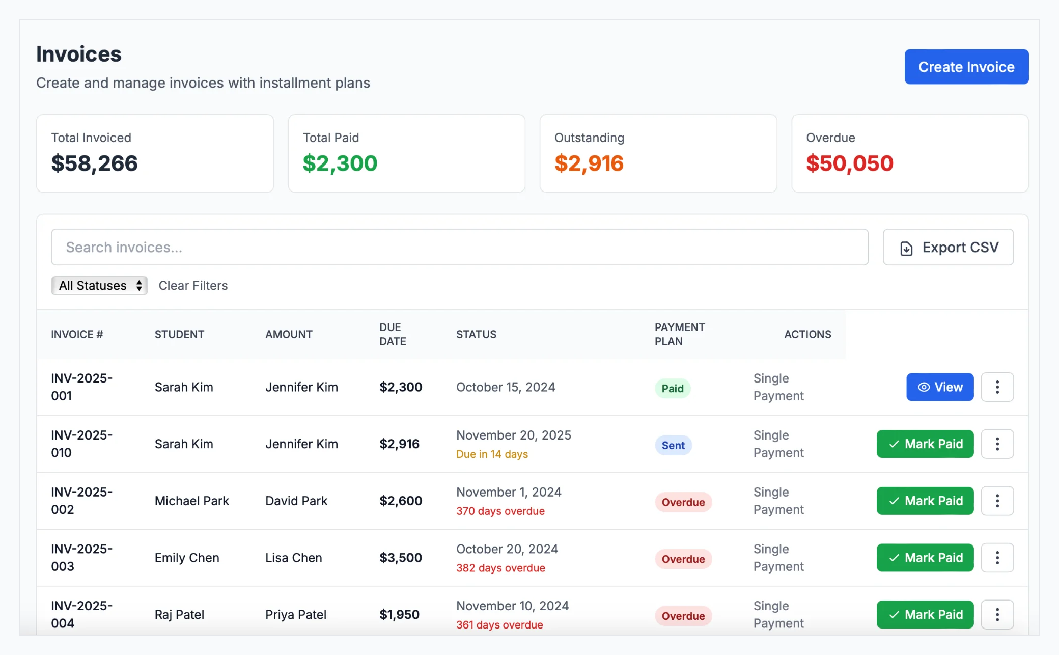 Professional invoice creation interface