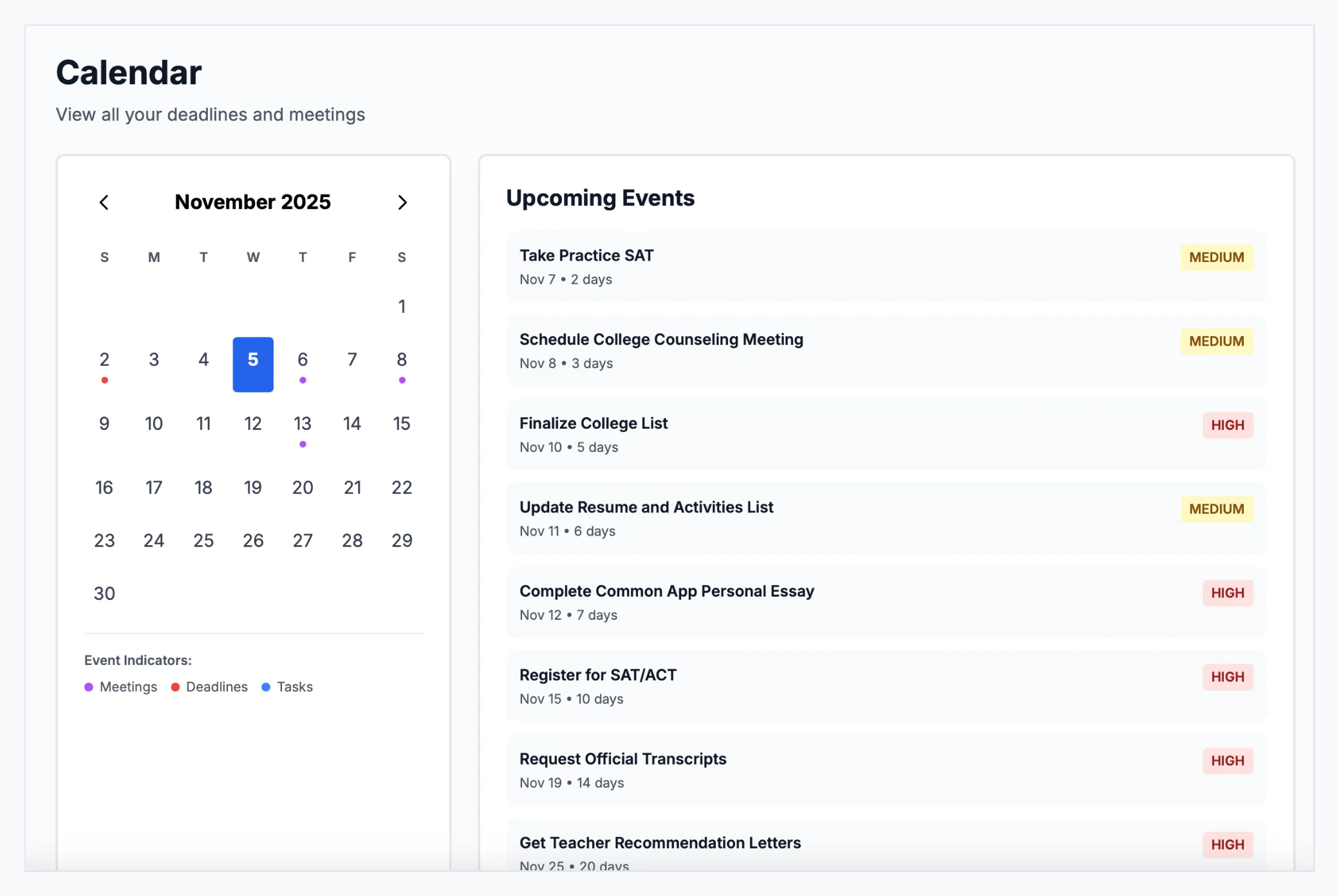 Calendar view showing application deadlines with countdown timers