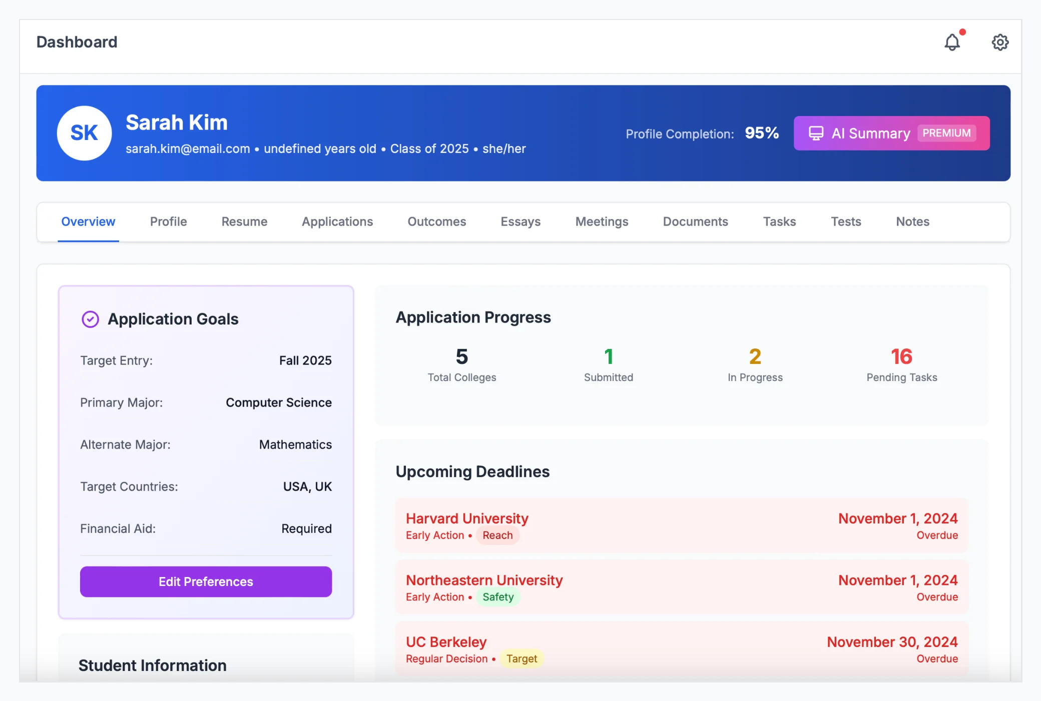 Notes and activity history for each application