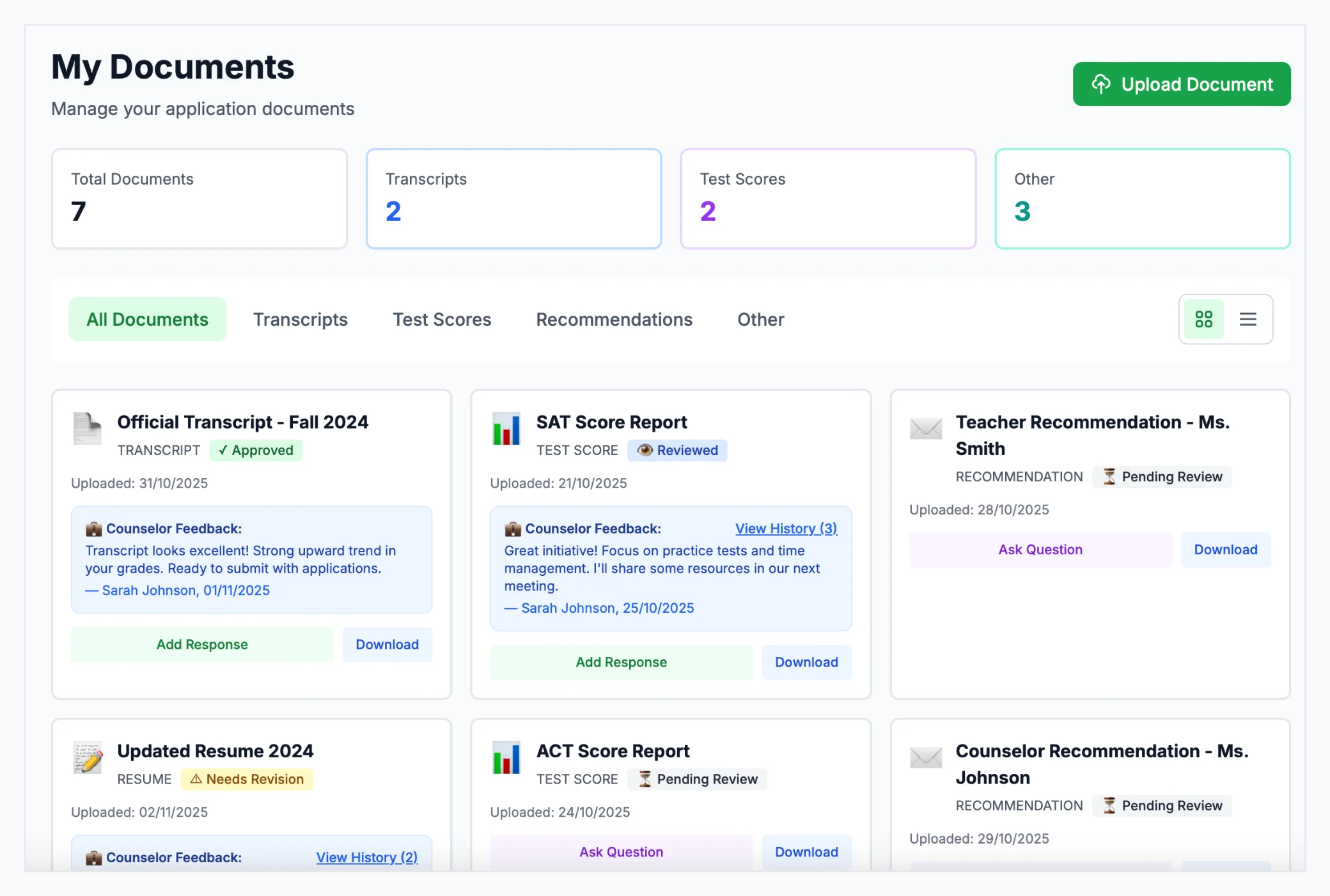 Document vault showing organized folders with essays, transcripts, and recommendations