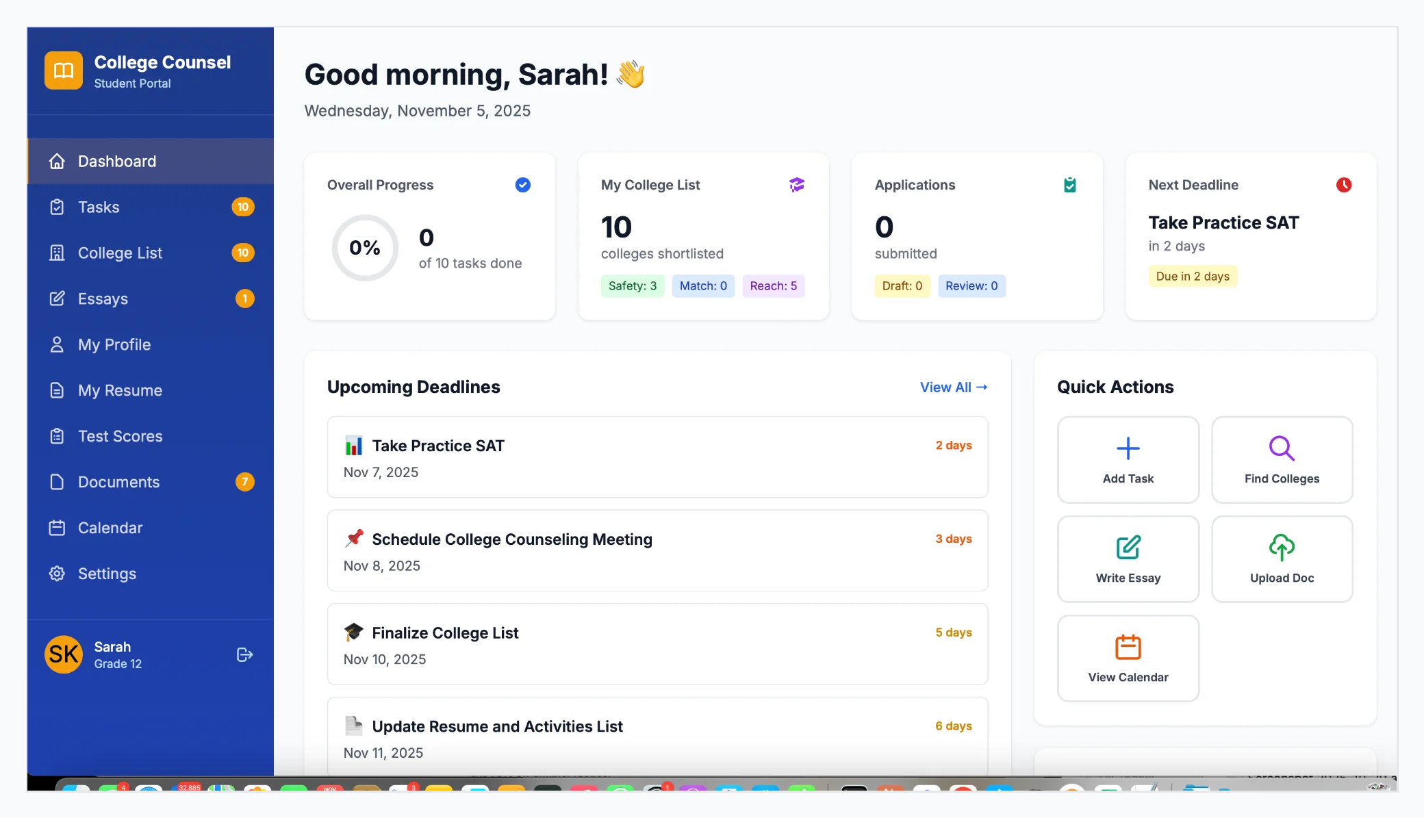 CollegeCounsel Client Portal Dashboard