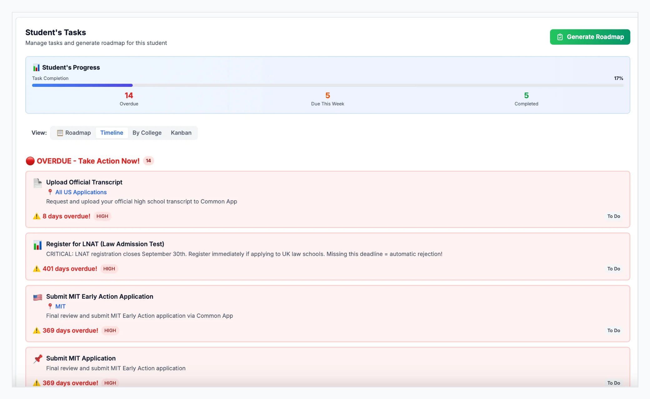 Task list showing prioritized action items for student